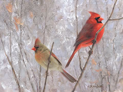 Cardinals, oil painting, pair of cardinls in winter perched in tree